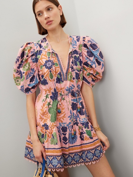 FARM Rio Dresses & Skirts - FARM Rio Pink Floral Embroidered Puff-Sleeve Mini Dress, size L